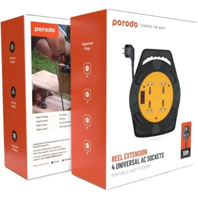 Porodo 4Ac Extension Cable Reel With Uk Plug (10M Wire) - Black